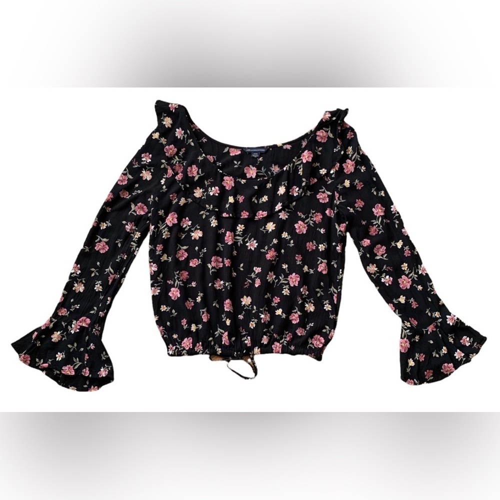 American Eagle Outfitters Black Floral Bell Sleeve Blouse